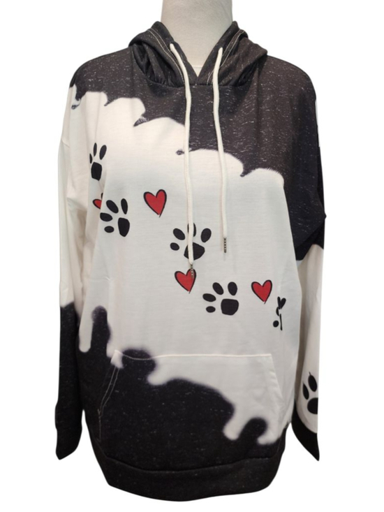 Unbranded Tops - Paw Print Heart Hoodie Sweatshirt Women's 2XL Black White Tie Dye Splatter Plus